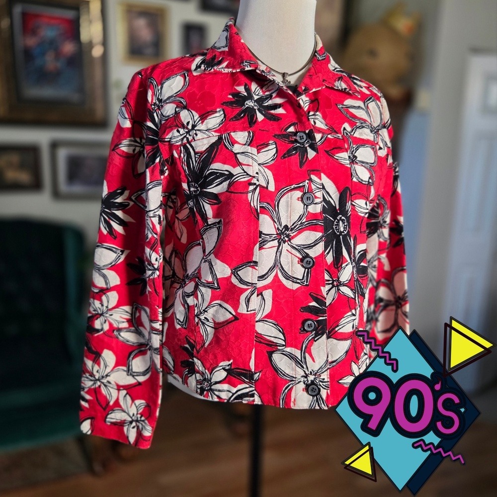 Vintage 90s Brooke Coleman‎ Red Floral Button Front Long Sleeve Hawaiian Jacket